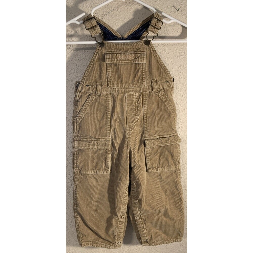 OSHKOSH B'GOSH Bib Overalls 2T 24 Mos Lined Khaki Tan Corduroy Pockets Farm